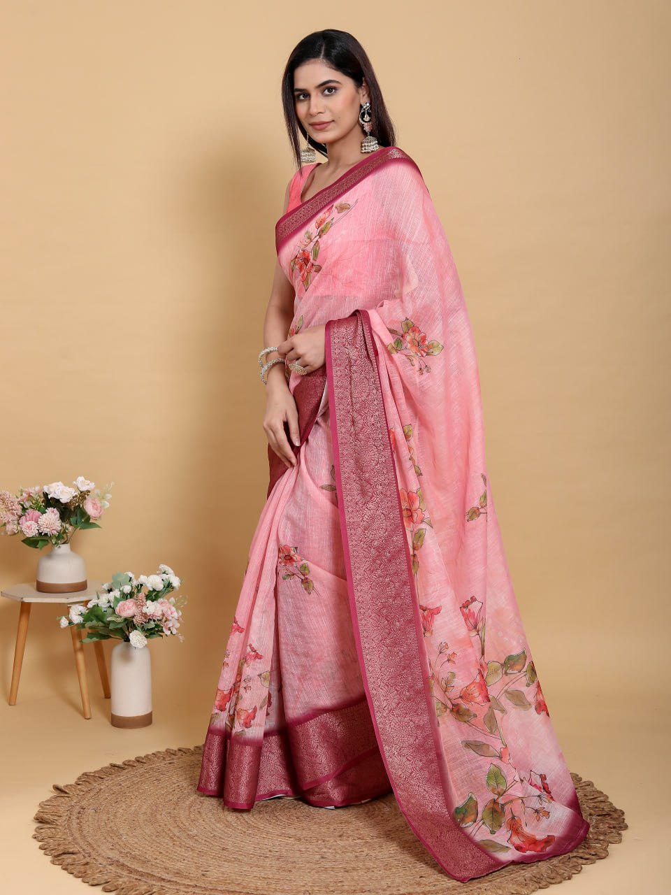 Elegant Rose Pink Floral Linen Cotton Saree | Rich Magenta Jacquard Border